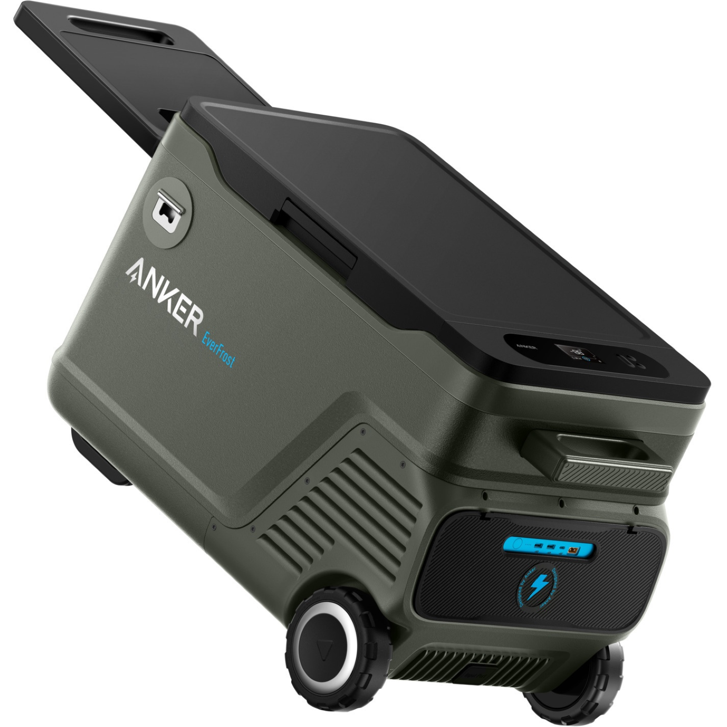 Anker EverFrost cooler on wheels. Olive green body, black lid, and wheels. Features a control panel and charging ports.