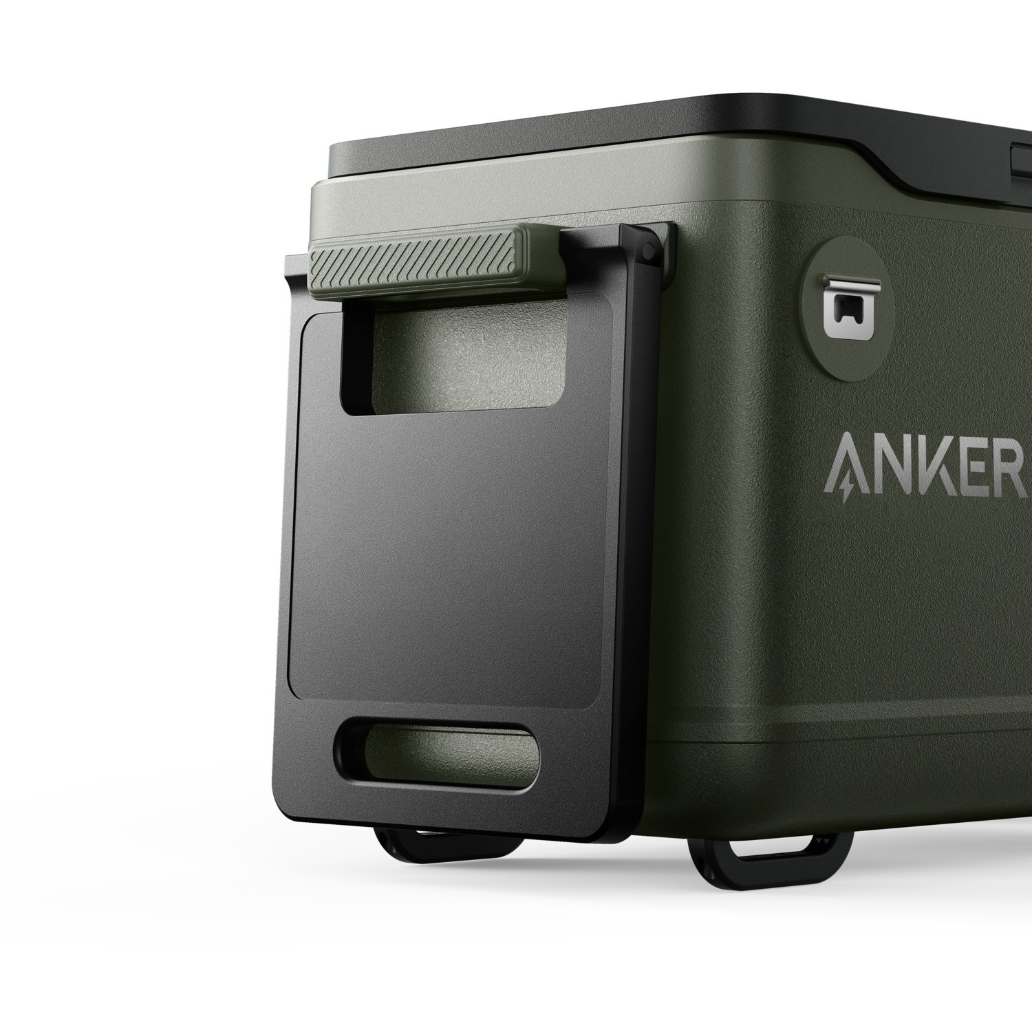 Anker cooler box, olive green with black handle and accents. The Anker logo is visible. Isolated on a white background.