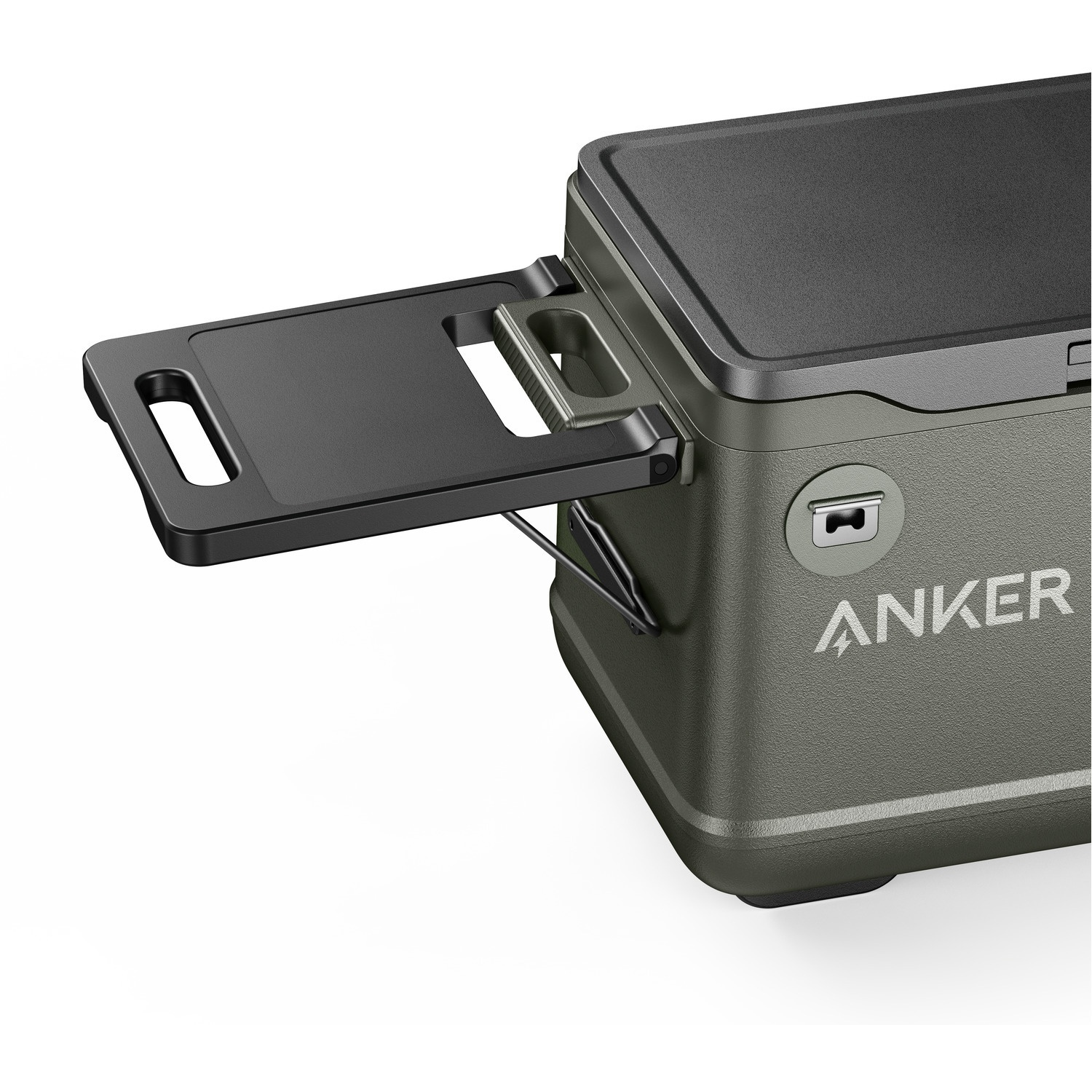An olive green cooler with a black lid and cutting board. The ANKER logo is visible. The cutting board is open.