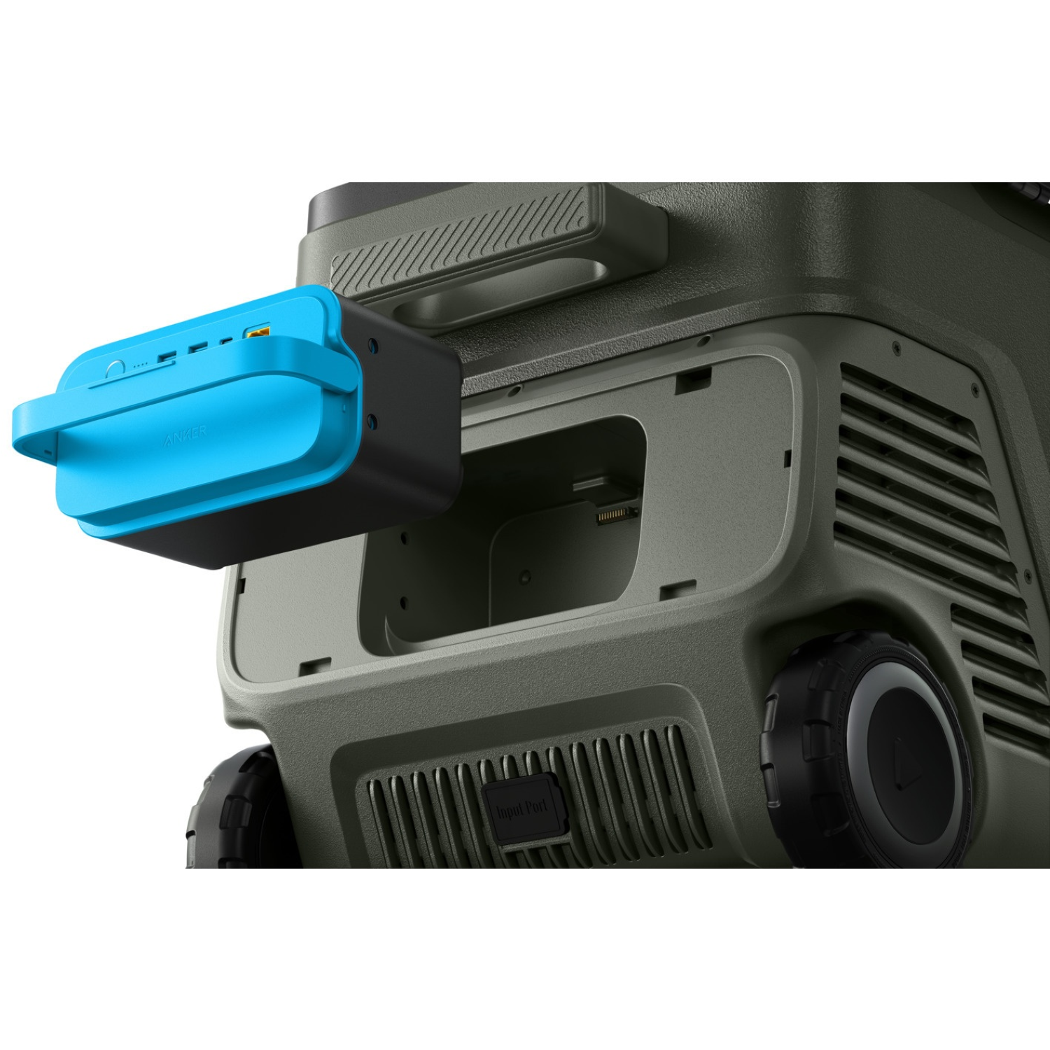An Anker power station with a blue detachable power bank. The station is green, has wheels, and a handle. The power bank is blue.