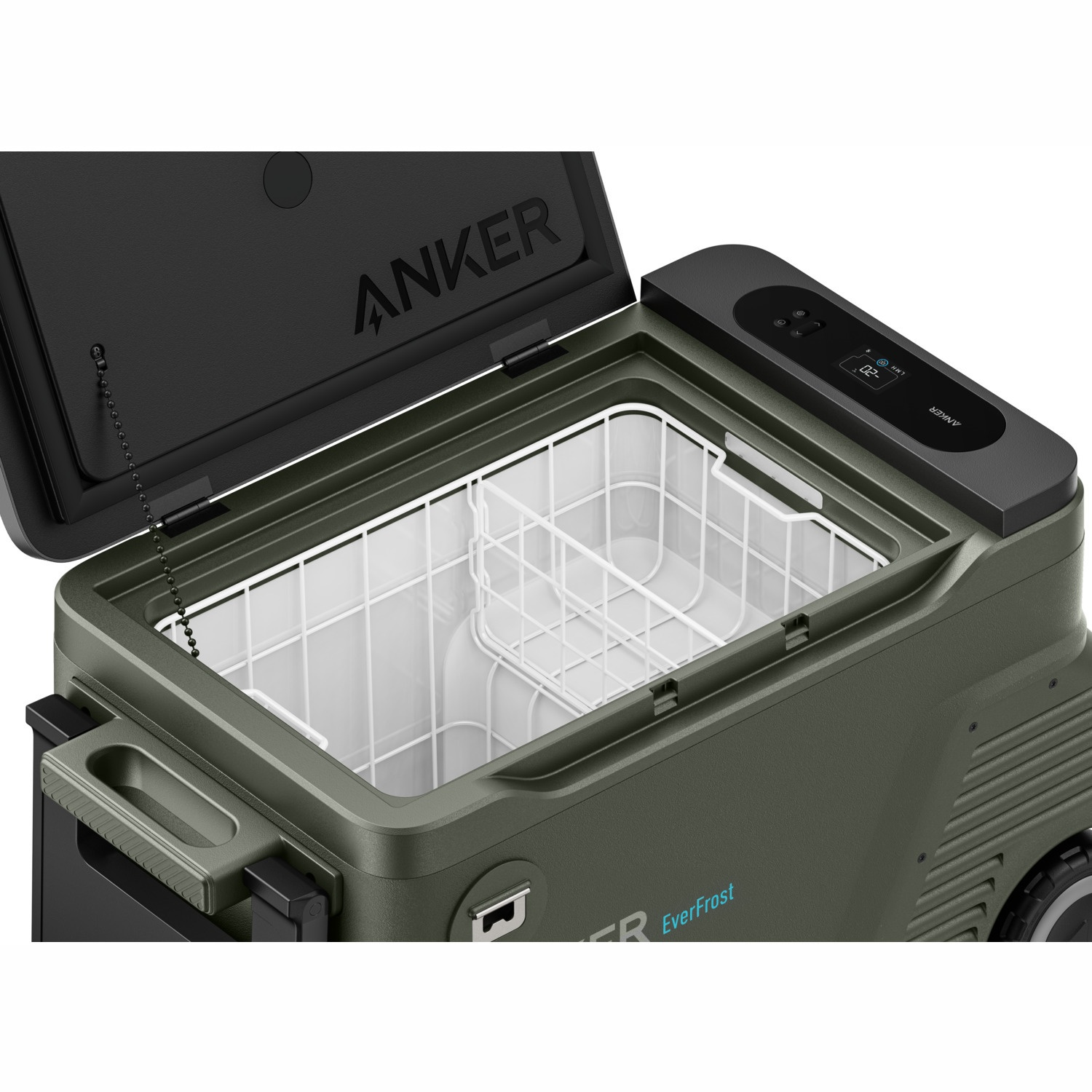 An open green EverFrost cooler with a white interior, a digital display, and the ANKER logo visible on the lid.
