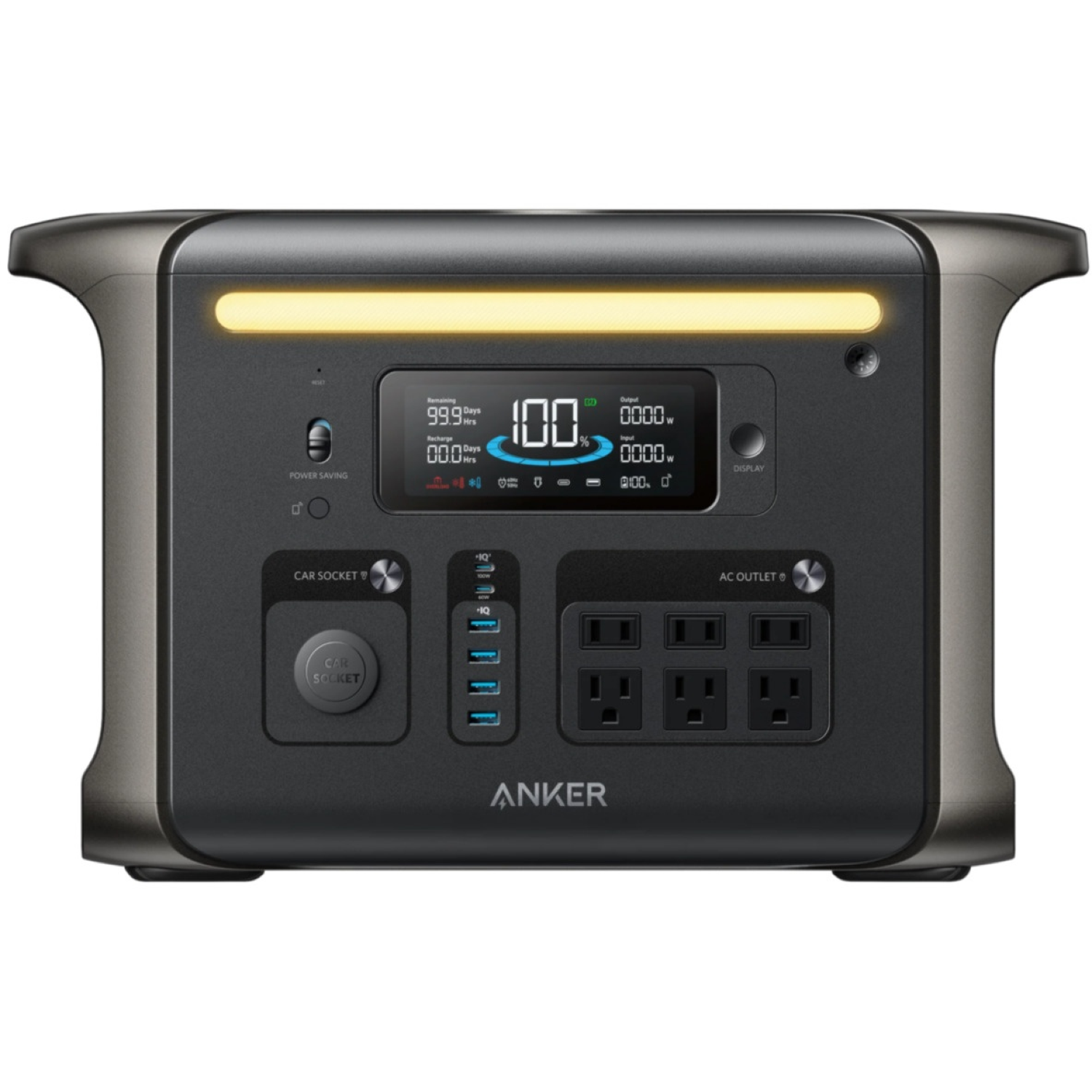 Station d'alimentation Anker. Noir et gris avec écran numérique affichant les niveaux de puissance, prises secteur, ports USB et prise de voiture.