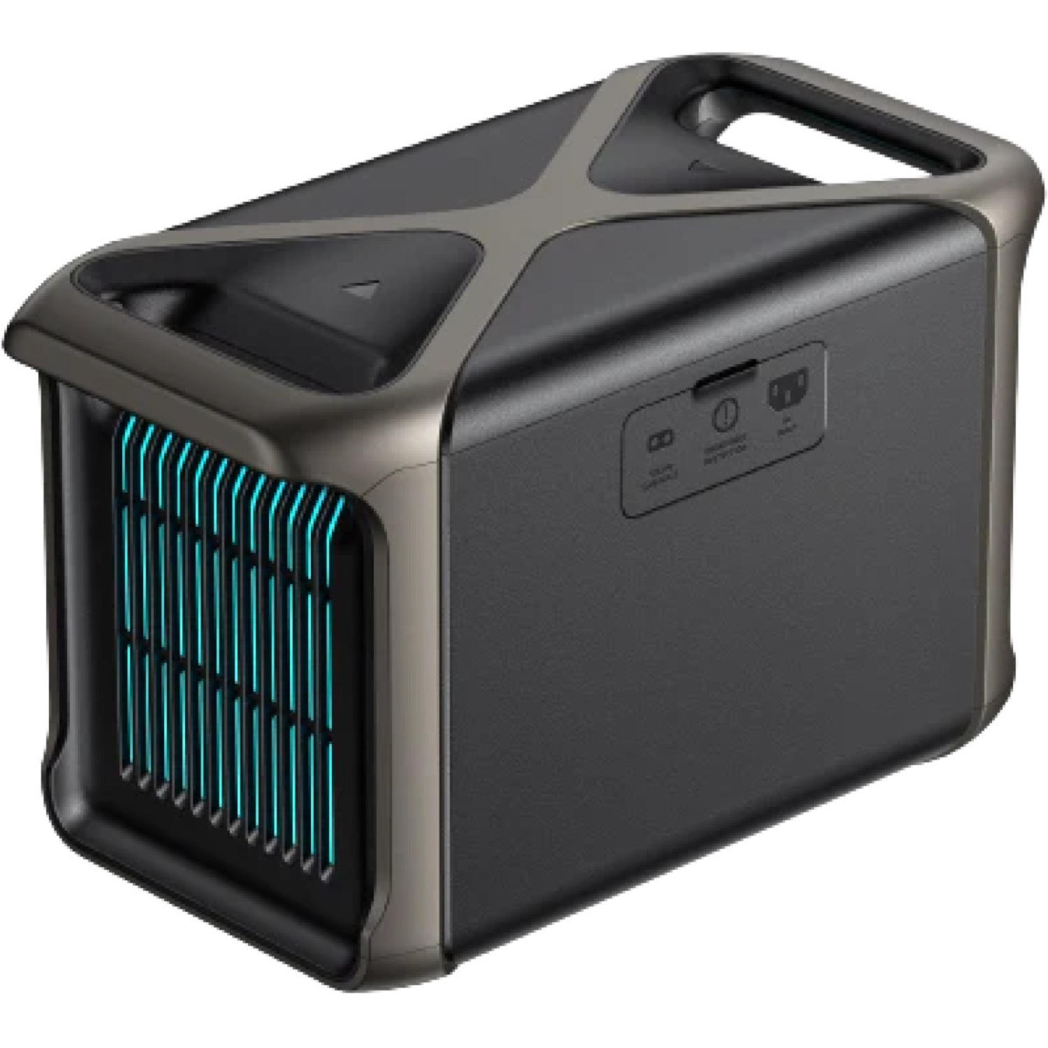 Une station d'alimentation portable noire et grise. Elle possède une poignée, une ventilation avec des lumières bleues et des boutons de commande.