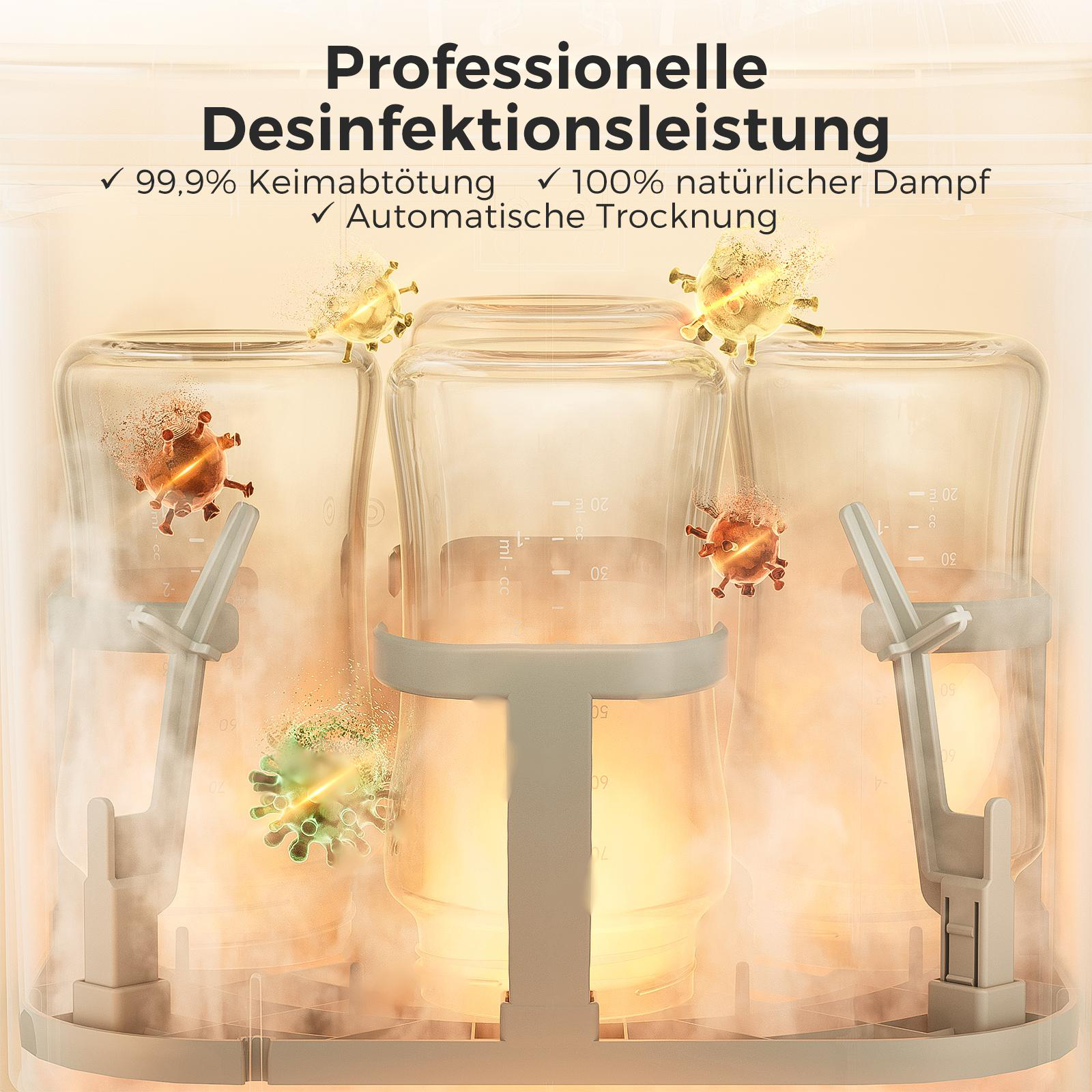 Ein Sterilisator mit drei Flaschen, mit Textüberlagerung zur Desinfektion und Sterilisation. Bakterien sind abgebildet.