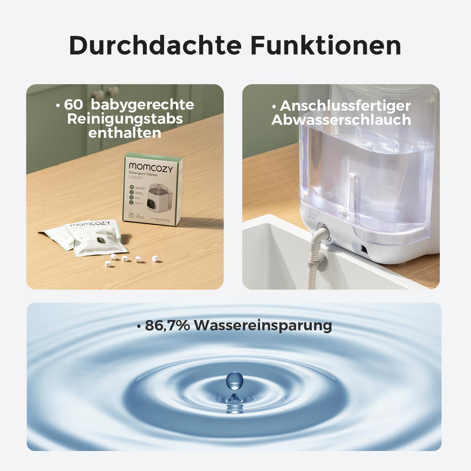 Das Bild zeigt drei Abschnitte mit Text auf Deutsch, ein Produkt und Wassertropfen. Der Text enthält '60 babygerechte Reinigungstabs'.