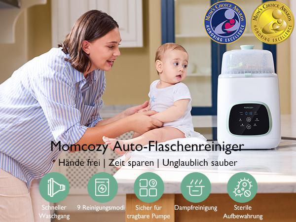 Eine Frau und ein Baby stehen in der Nähe eines Flaschensterilisators. Der Sterilisator hat Knöpfe und Auszeichnungen werden angezeigt.