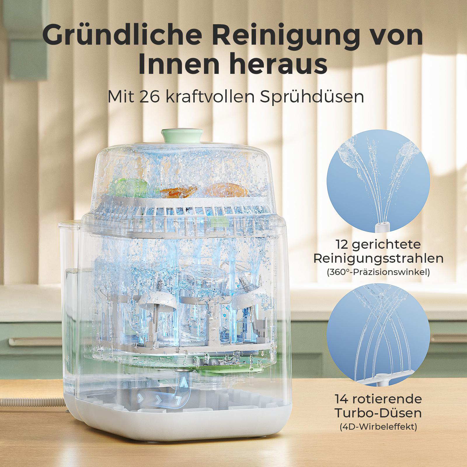 Eine Reinigungsmaschine mit 26 Sprühdüsen. Sie zeigt Wasserstrahlen, die im Inneren reinigen. Blaue Kreise zeigen Sprühmuster.