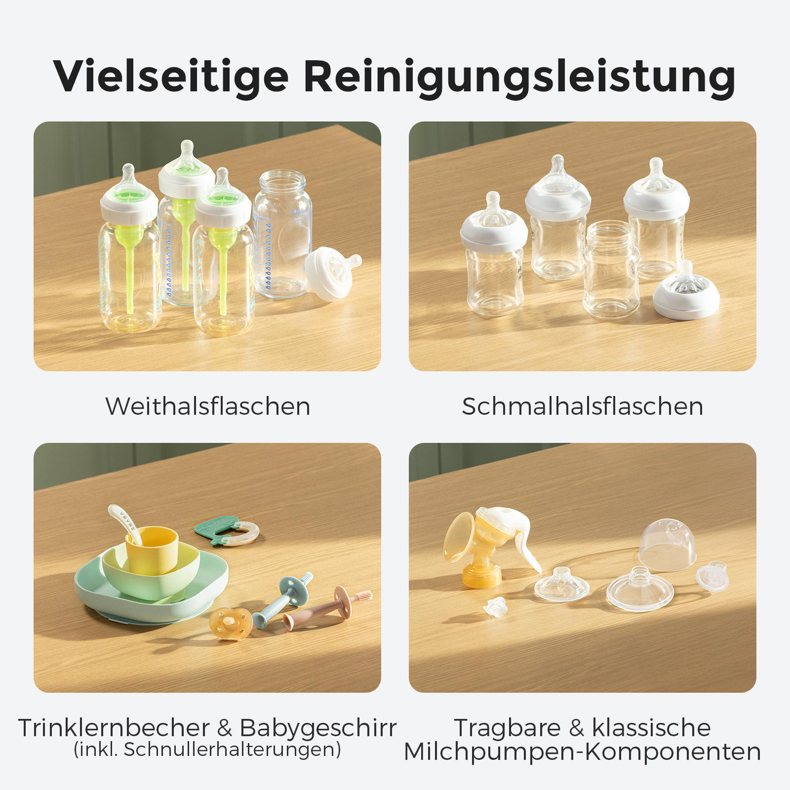 Das Bild zeigt Babyprodukte: Flaschen, Futternäpfe und eine Milchpumpe. Der Text lautet 'Vielseitige Reinigungsleistung'.