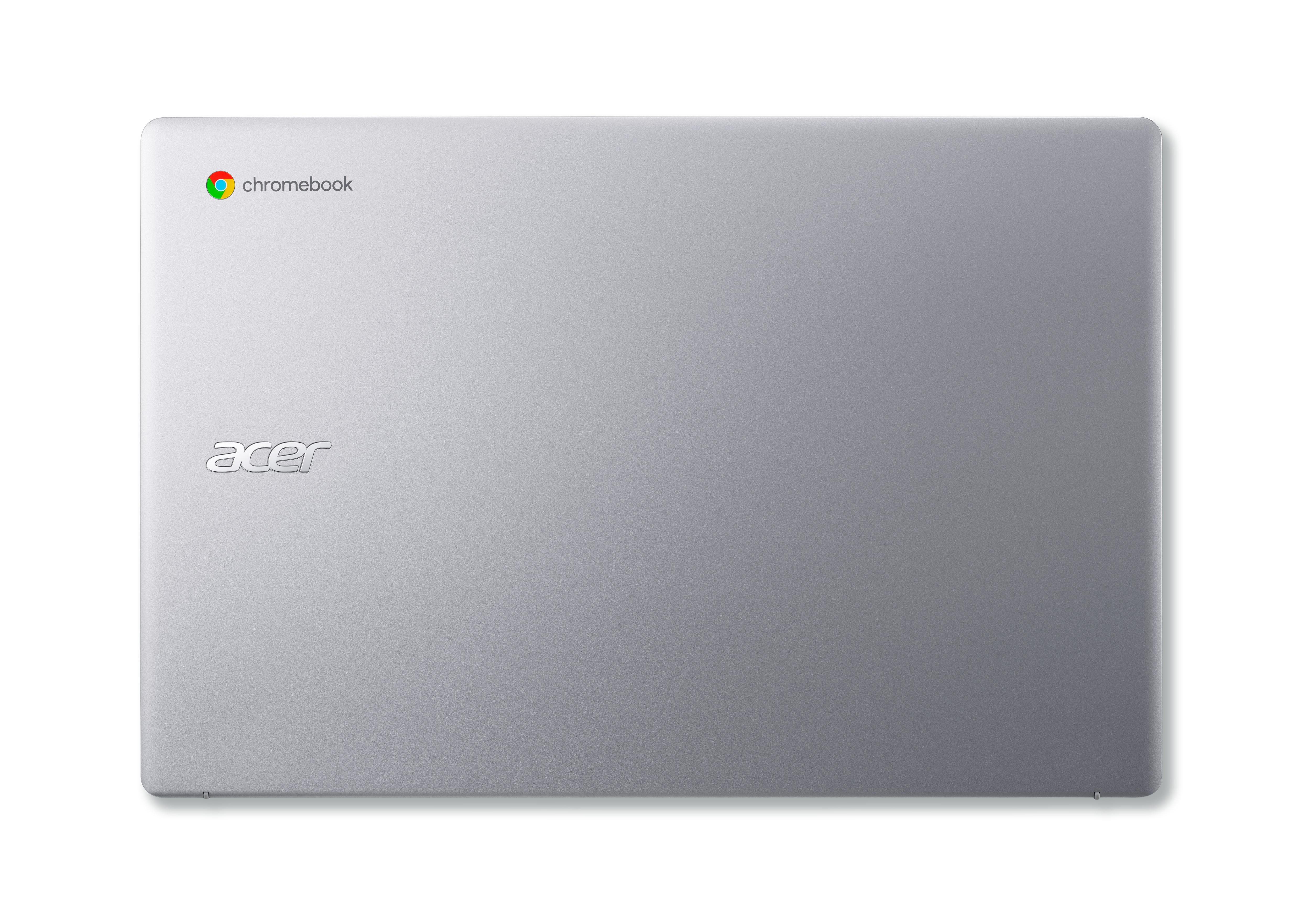 Silberner Laptopdeckel mit Chromebook-Logo und Schriftzug 'acer'. Der Hintergrund ist weiß.
