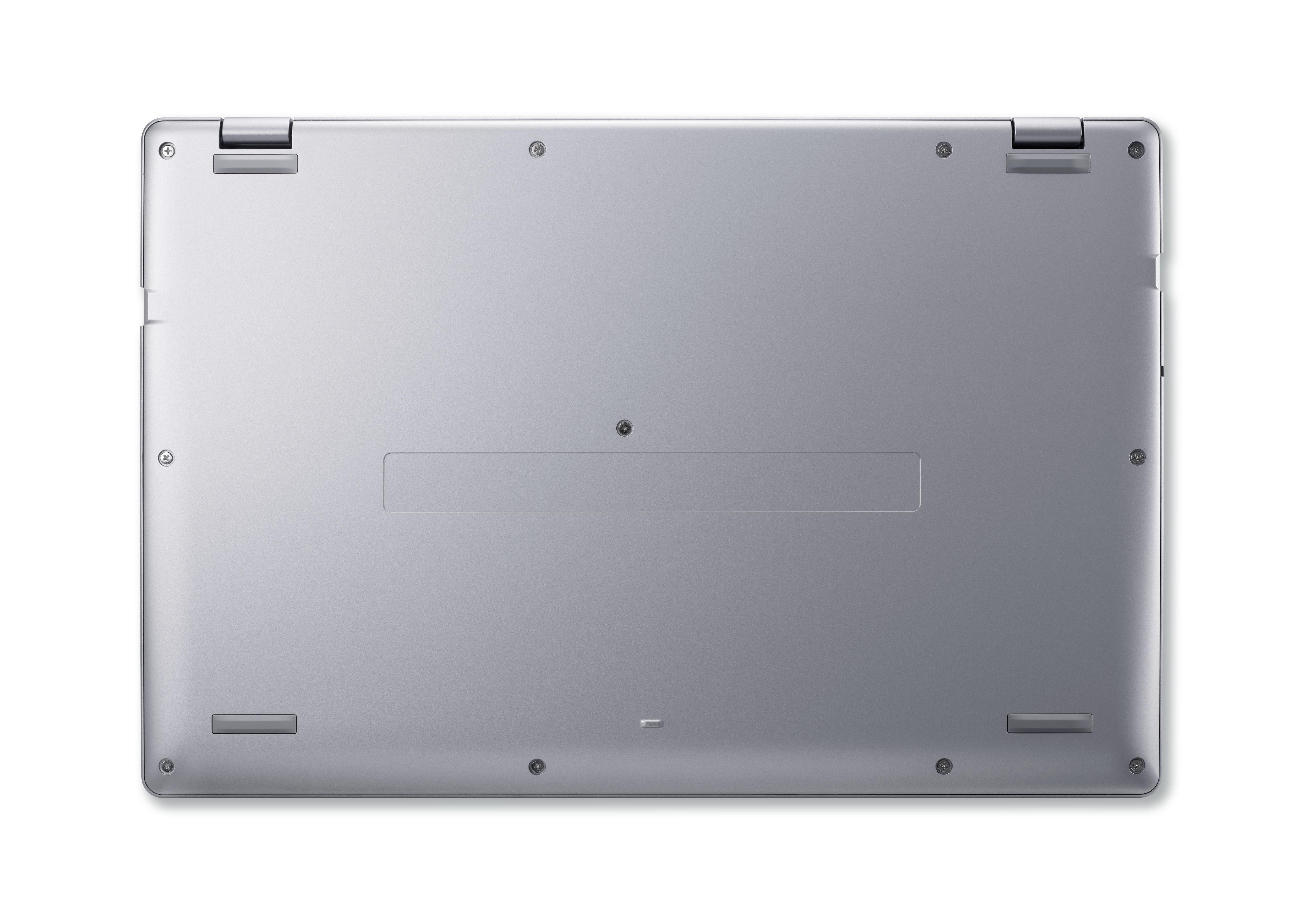 Unterseite eines grauen Laptops mit Schrauben und Lüftungsschlitzen auf weißem Hintergrund.