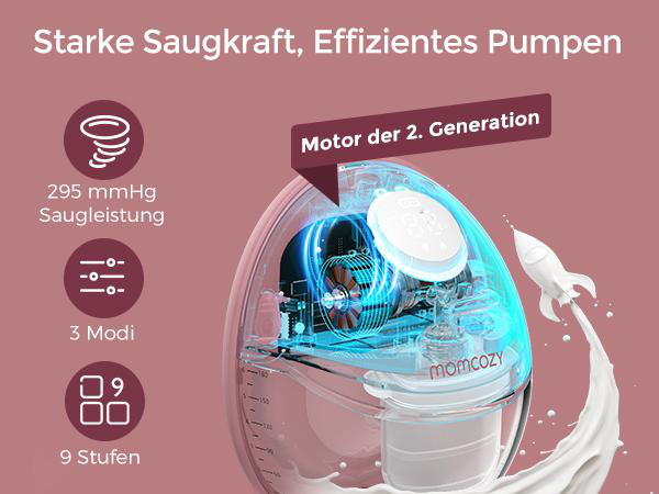 Eine Brustpumpe mit Rakete und Milchstrahl. Text beinhaltet Saugleistung, Modi und Stufen.