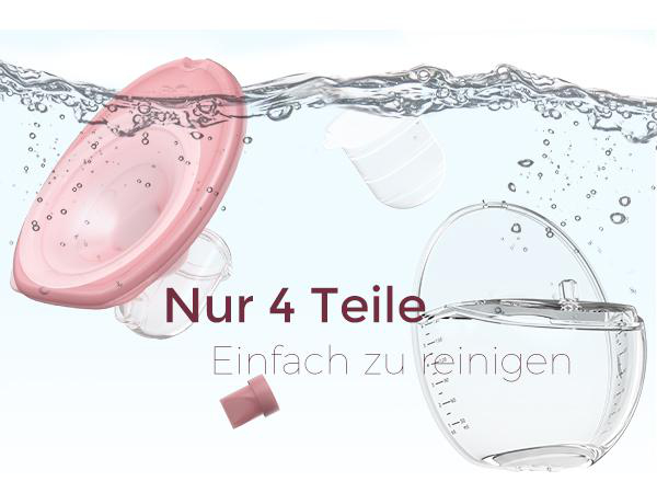 Das Bild zeigt Teile einer Milchpumpe unter Wasser. Ein rosa Flansch, klare Flaschen und ein kleiner rosa Stecker sind sichtbar. Text lautet 'Nur 4 Teile'.