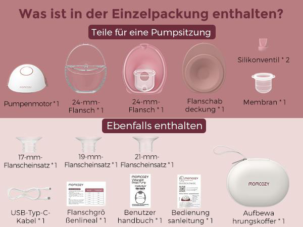 Das Bild zeigt Komponenten eines Brustpumpen-Kits: Motor, Flansche, Ventile, Membranen und Zubehör wie USB-Kabel und Tragekoffer.