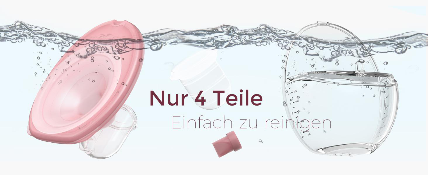 Das Bild zeigt vier Teile einer Brustpumpe, die in Wasser getaucht sind. Rosa und transparente Kunststoffteile sind sichtbar, Text sagt 'Nur 4 Teile'.