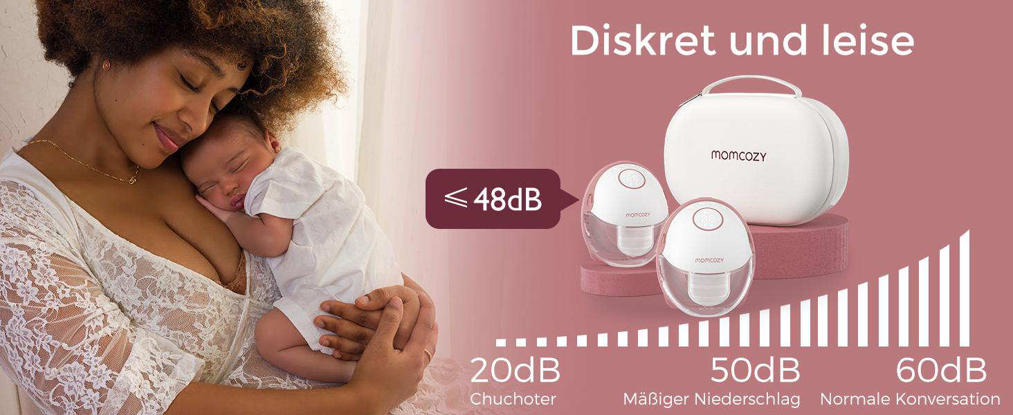 Eine Frau hält ein schlafendes Baby. Auf der rechten Seite sind Brustpumpenprodukte mit Geräuschpegelanzeigen abgebildet.