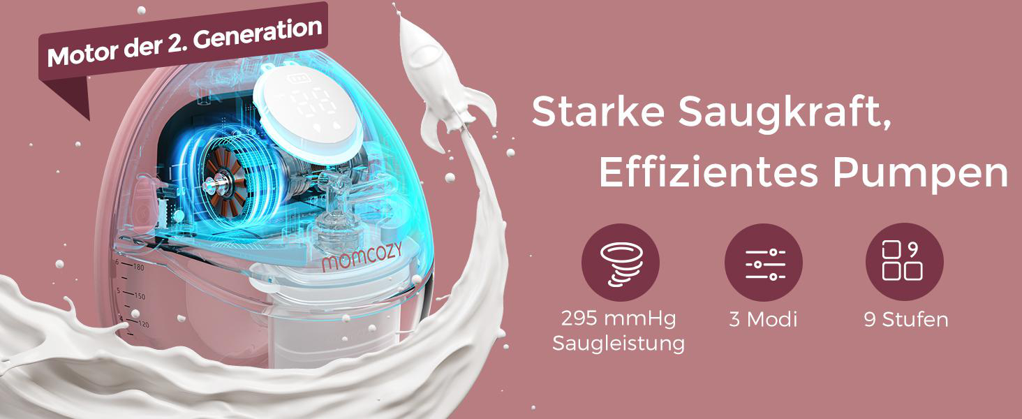 Werbung für eine Brustpumpe mit rosa Hintergrund. Es zeigt den Motor der Pumpe, eine Rakete und Text, der die Eigenschaften beschreibt.