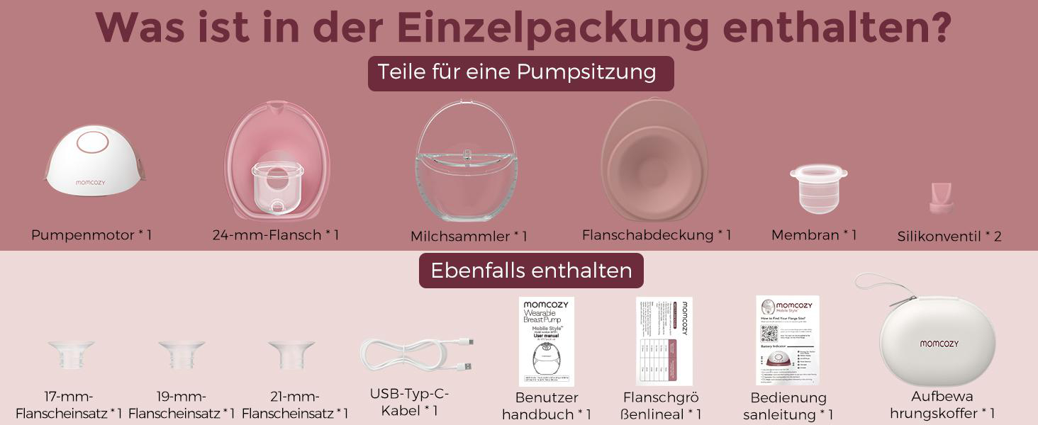 Das Bild zeigt Teile einer Brustpumpe: Motor, Flansche, Milchsammler, Abdeckung, Membran, Ventile, Handbücher und Aufbewahrungskoffer.