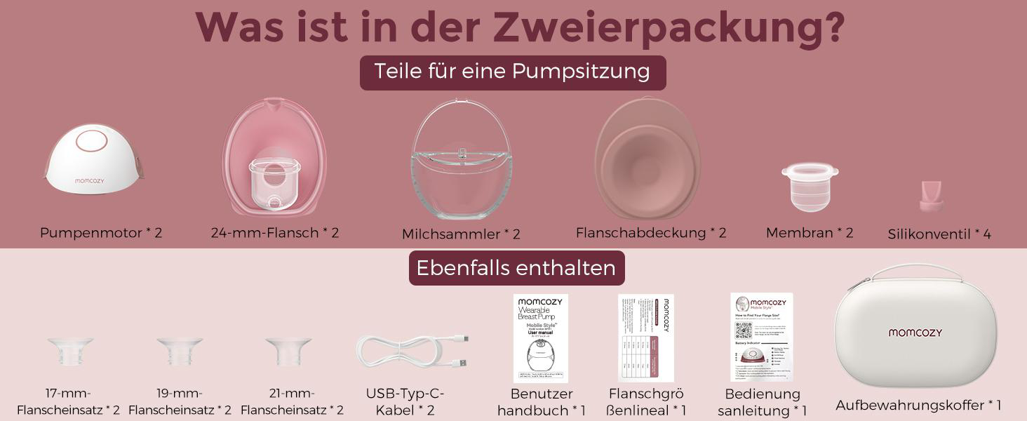 Ein Bild zeigt Komponenten eines Momcozy-Brustpumpen-Sets, darunter Motoren, Flansche, Milchsammler und Handbücher, alles auf pinkem Hintergrund.