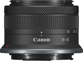 Schwarzes Canon 18-45mm Kameraobjektiv. Mit Fokusring, Entfernungsskala und Canon-Logo. Silberner Sockel.