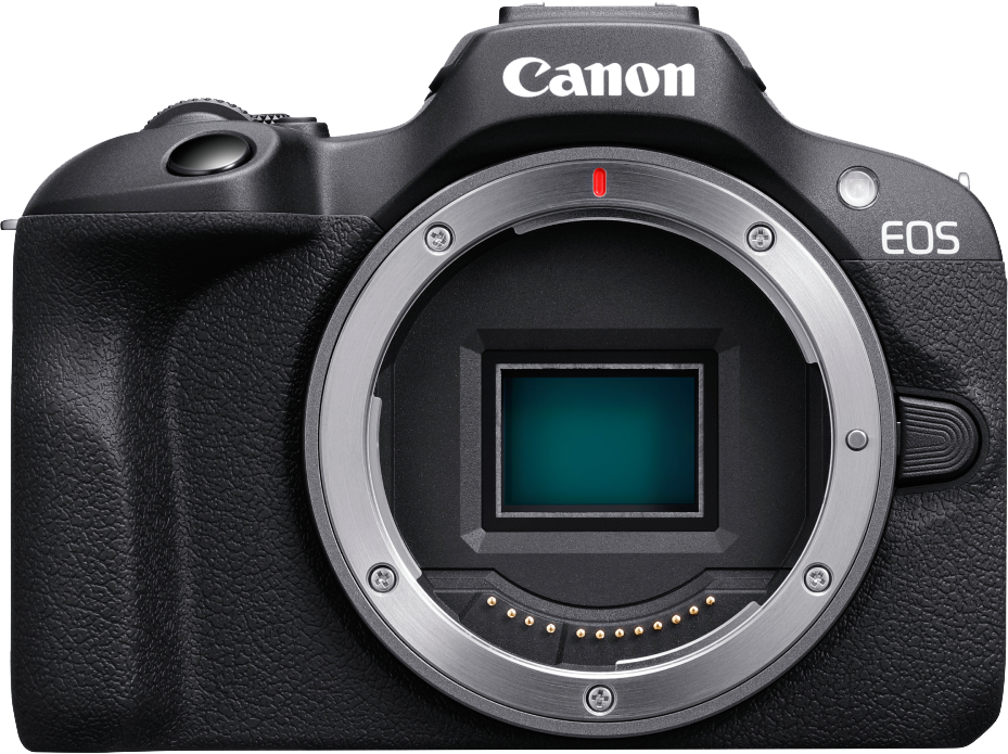 Eine Canon EOS Kamera. Schwarzes Gehäuse mit Objektivanschluss, Canon-Logo und EOS-Kennzeichnung. Silberner Objektivring und grüner Sensor.