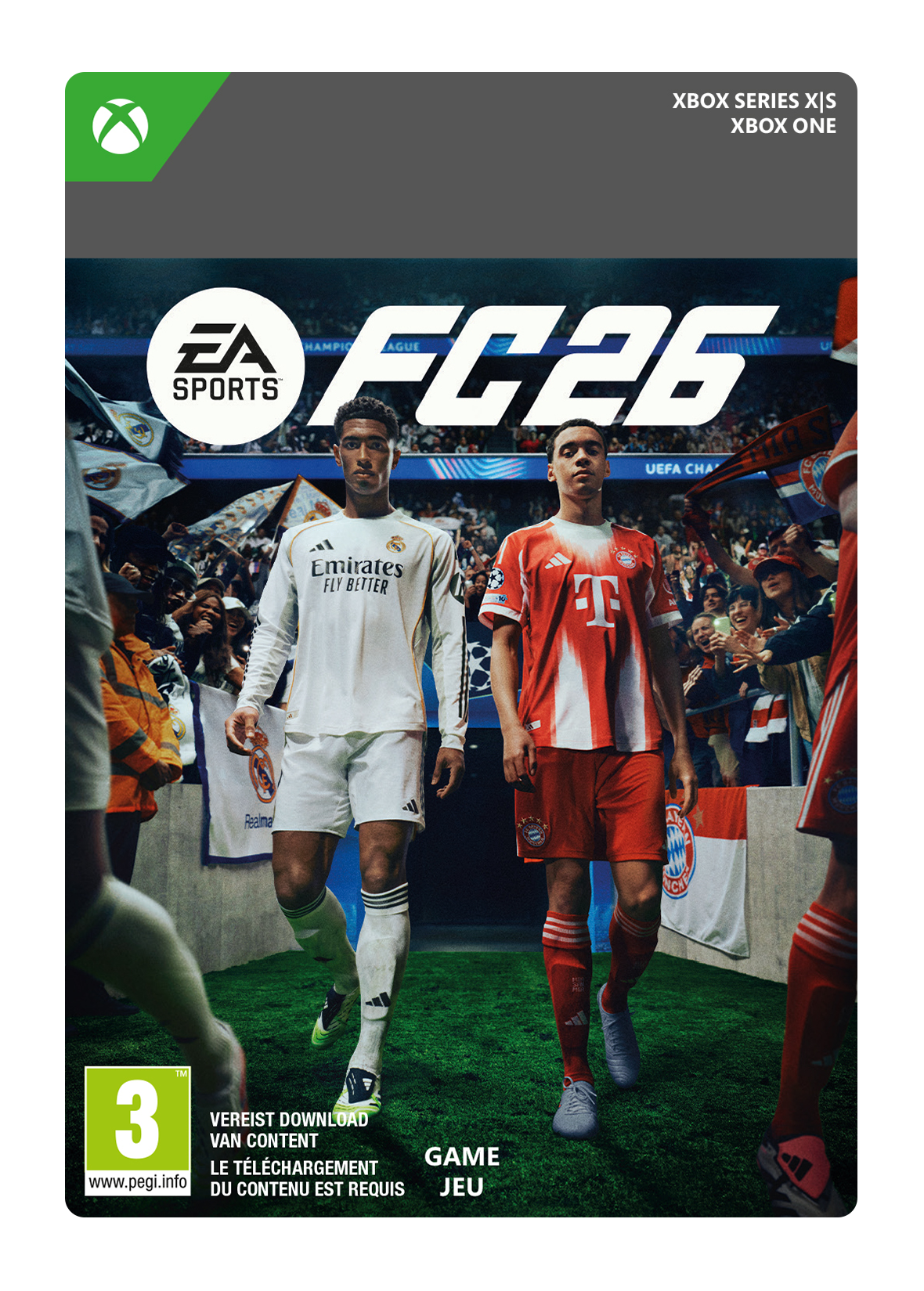 FC26 game cover. Twee voetballers in witte en rode shirts. Menigte op de achtergrond. Xbox-logo en game details bovenaan.