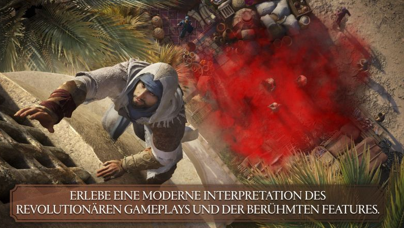 Ein Attentäter klettert eine Mauer hoch, roter Rauch im Hintergrund. Palmen und Gebäude sind ebenfalls zu sehen. Unten ist ein Banner.