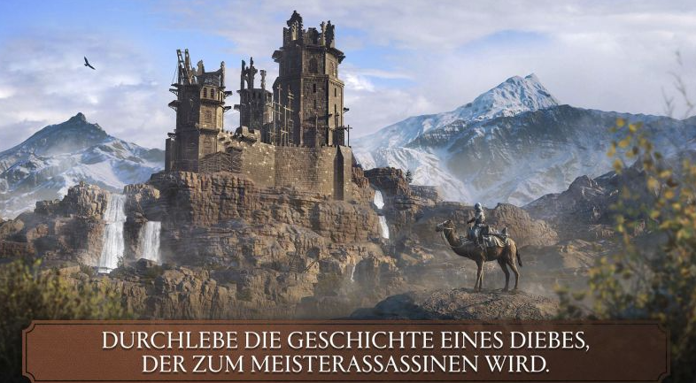 Eine Burg auf einer Klippe, Wasserfälle, schneebedeckte Berge und eine Person, die ein Kamel reitet. Ein Vogel fliegt am Himmel.