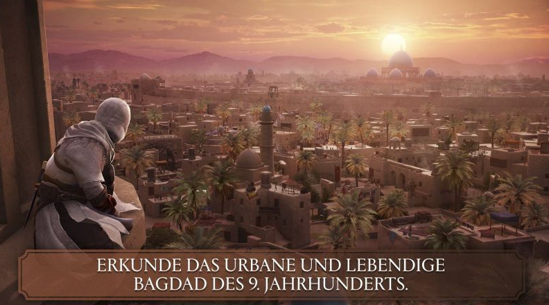 Ein Assassine blickt auf Bagdad im 9. Jahrhundert. Die Szene umfasst Gebäude, Palmen, eine Moschee und einen Sonnenuntergang.