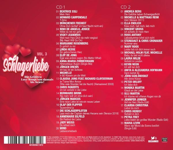 Albumcover mit Text und Herzgrafiken. Listen von Liedern und Künstlern auf Deutsch. Der Titel ist 'Schlagerliebe'.