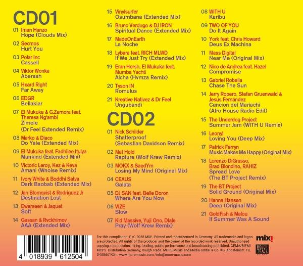Ein CD-Cover mit Titellisten und Künstlernamen auf gelbem Hintergrund.
