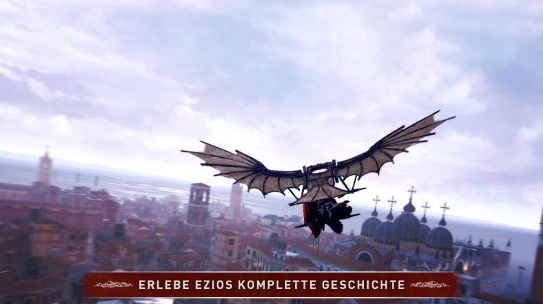 Eine fliegende Maschine schwebt über einer Stadt mit einem Banner unten. Der Himmel ist bedeckt.