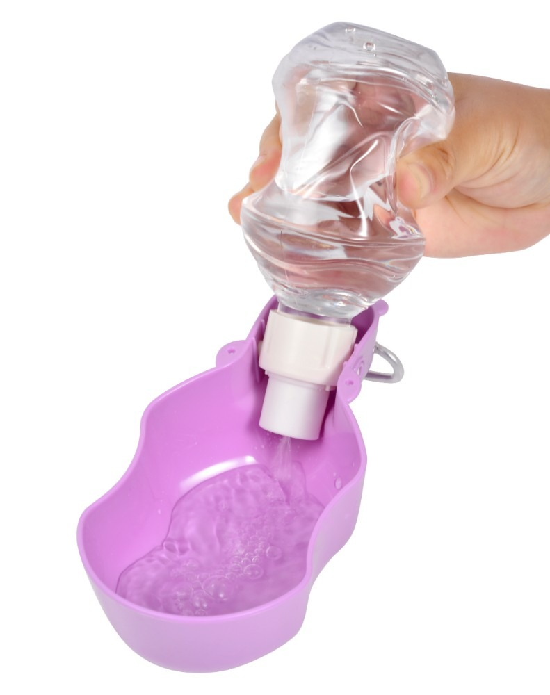 Ręka trzyma przezroczystą butelkę z wodą, wlewając wodę do fioletowej miski dla zwierząt. Miska napełnia się wodą.