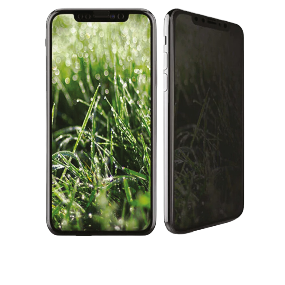 İki akıllı telefon, biri su damlacıklarıyla yeşil çim gösteriyor, diğeri karanlık bir gizlilik ekranına sahip, her ikisi de siyah bir arka plana karşı.