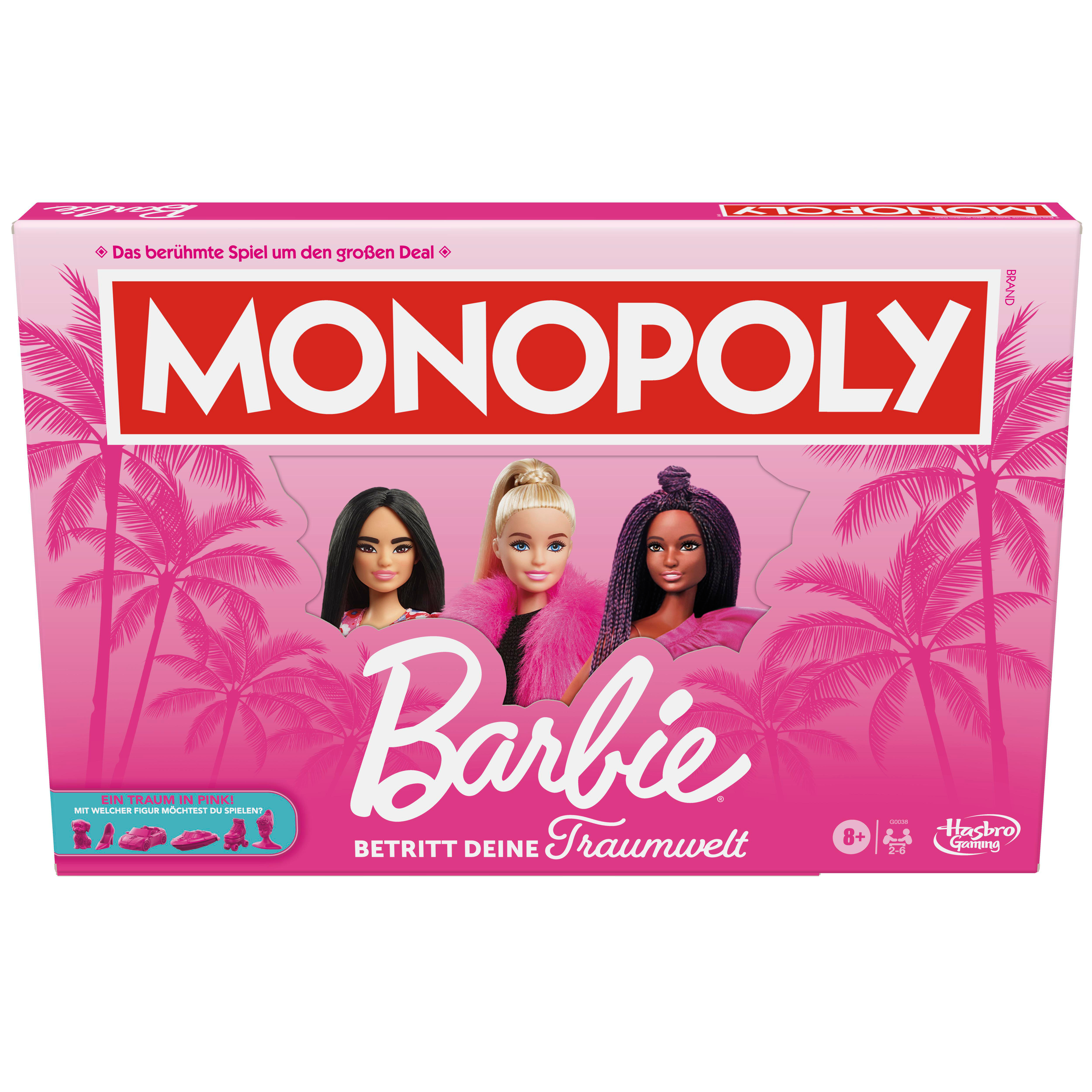 Monopoly Barbie Spielbox. Die rosa Box zeigt drei Barbie-Puppen, Palmen und die Logos von Monopoly und Barbie.