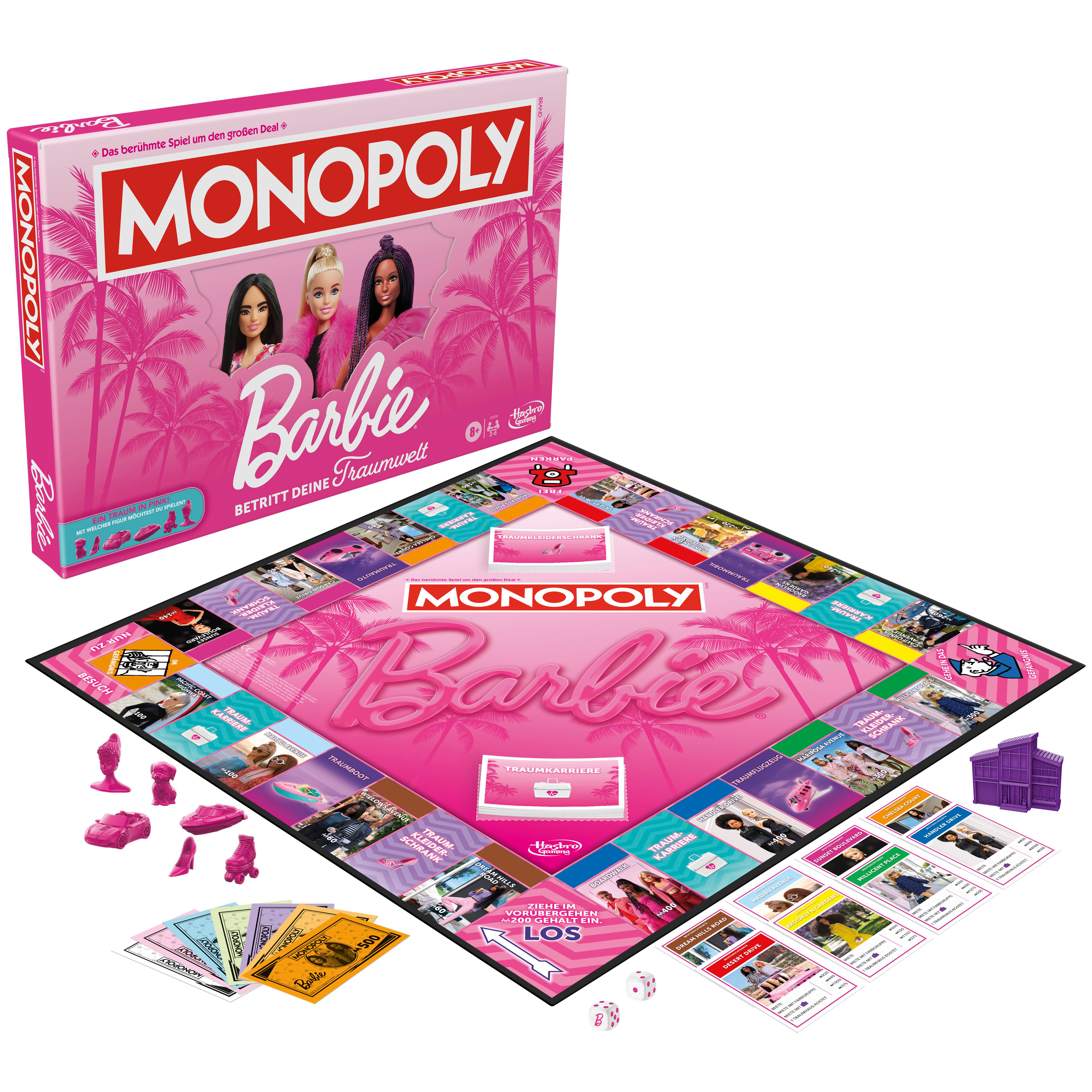 Monopoly Barbie Brettspiel mit rosa Thema. Enthält Spielfiguren, Geld, Würfel und eine Box mit Barbie-Puppen.
