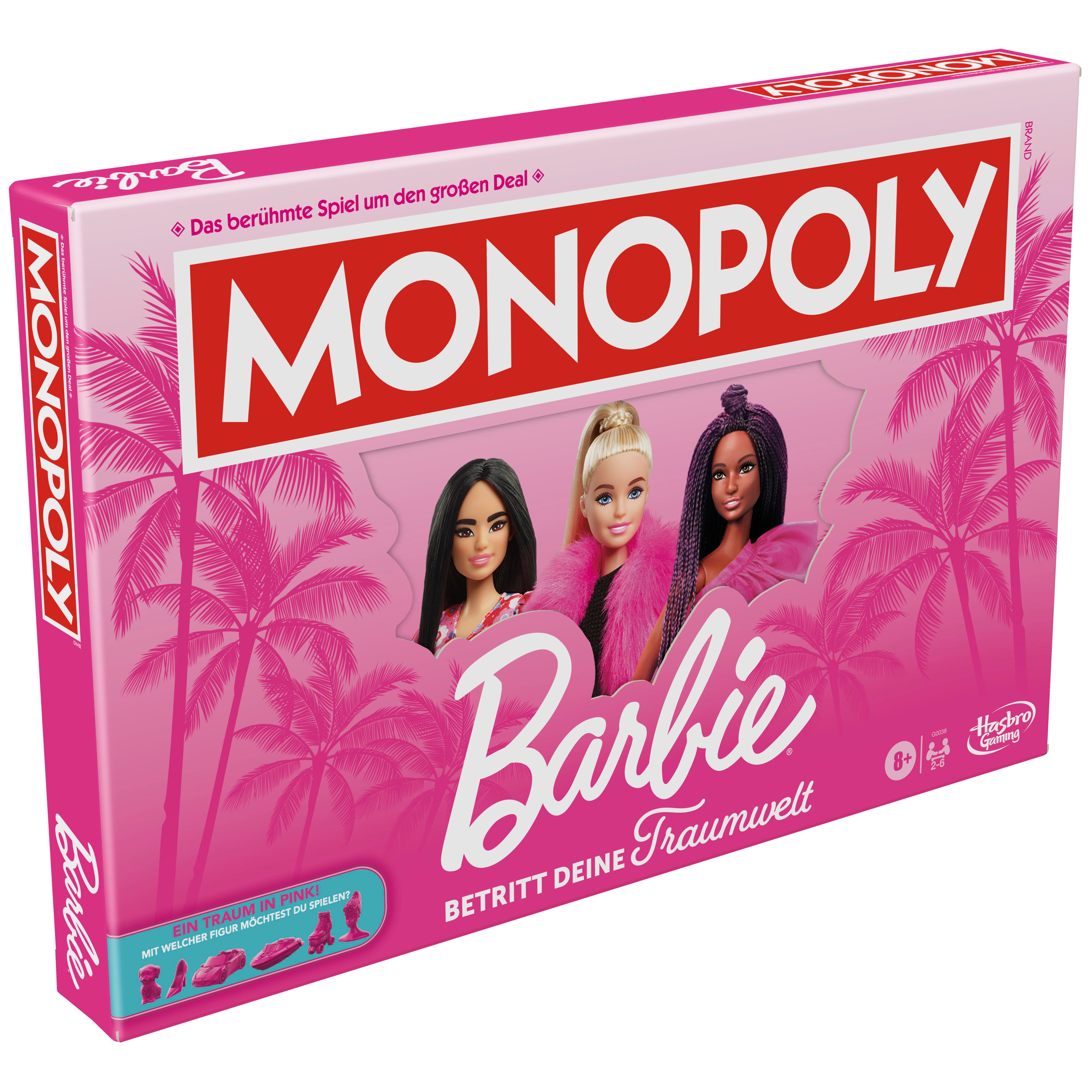 Monopoly Barbie Spielbox. Pink mit Palmen und Barbie-Puppen. Text: Monopoly Barbie, Betritt deine Traumwelt.