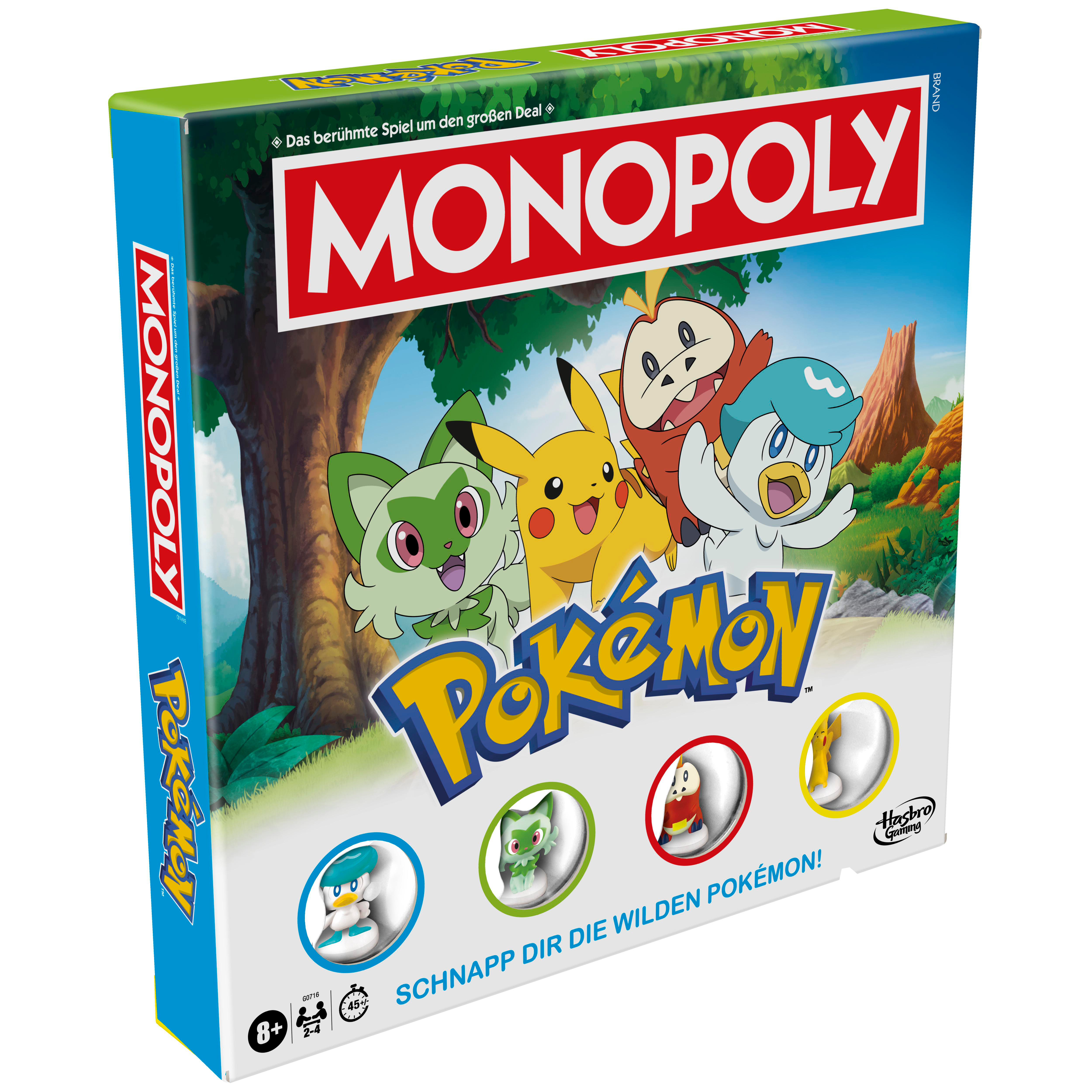 Monopoly Pokemon-Brettspielbox. Mit Pokemon-Charakteren und dem Monopoly-Logo. Grüne, blaue, rote und gelbe Farben sind prominent.