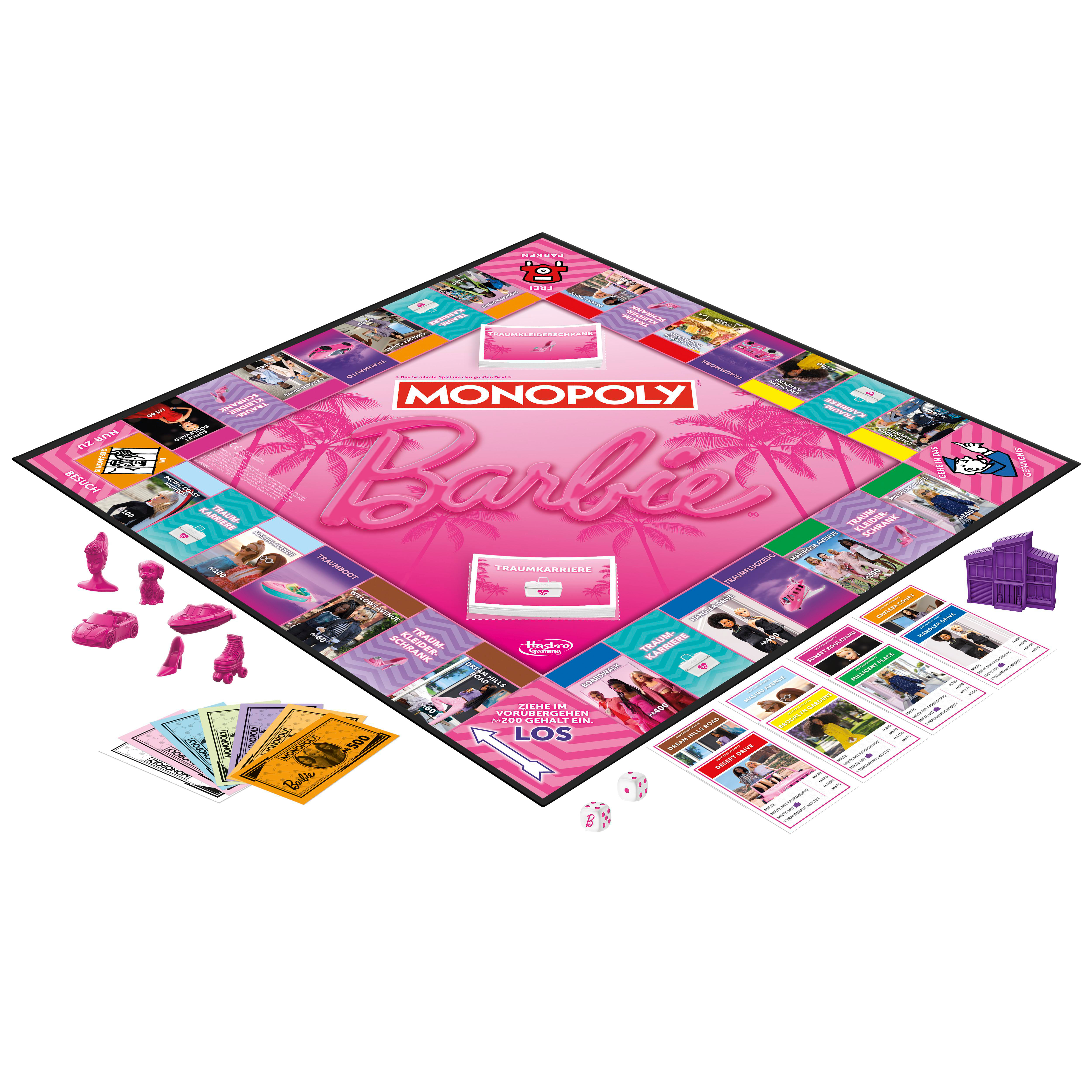 Monopoly Barbie Brettspiel mit rosa Akzenten. Enthält Spielfiguren, Karten, Würfel und Spielgeld.