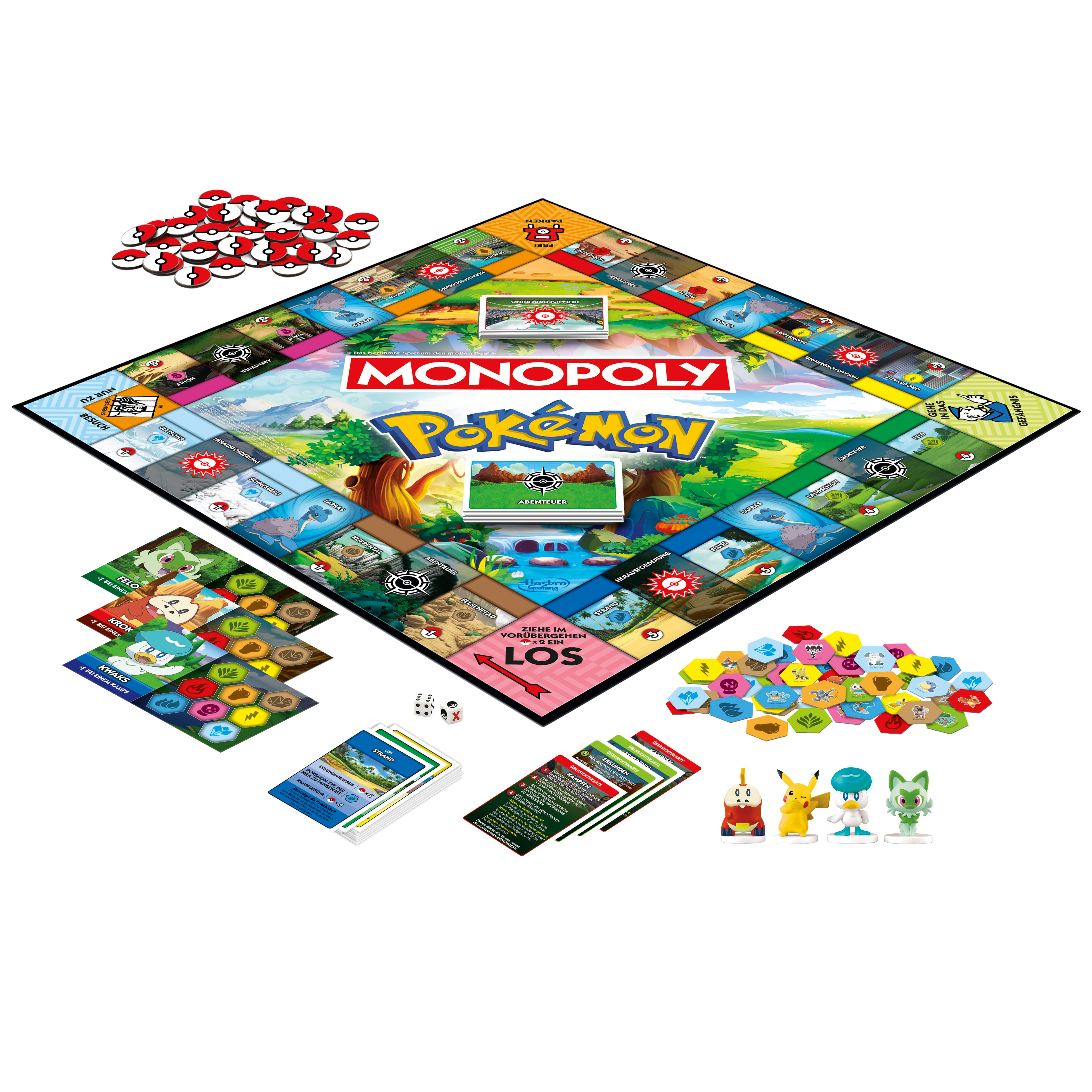 Ein Pokémon Monopoly-Brettspiel. Enthält Spielsteine, Karten, Würfel und Charakterfiguren.