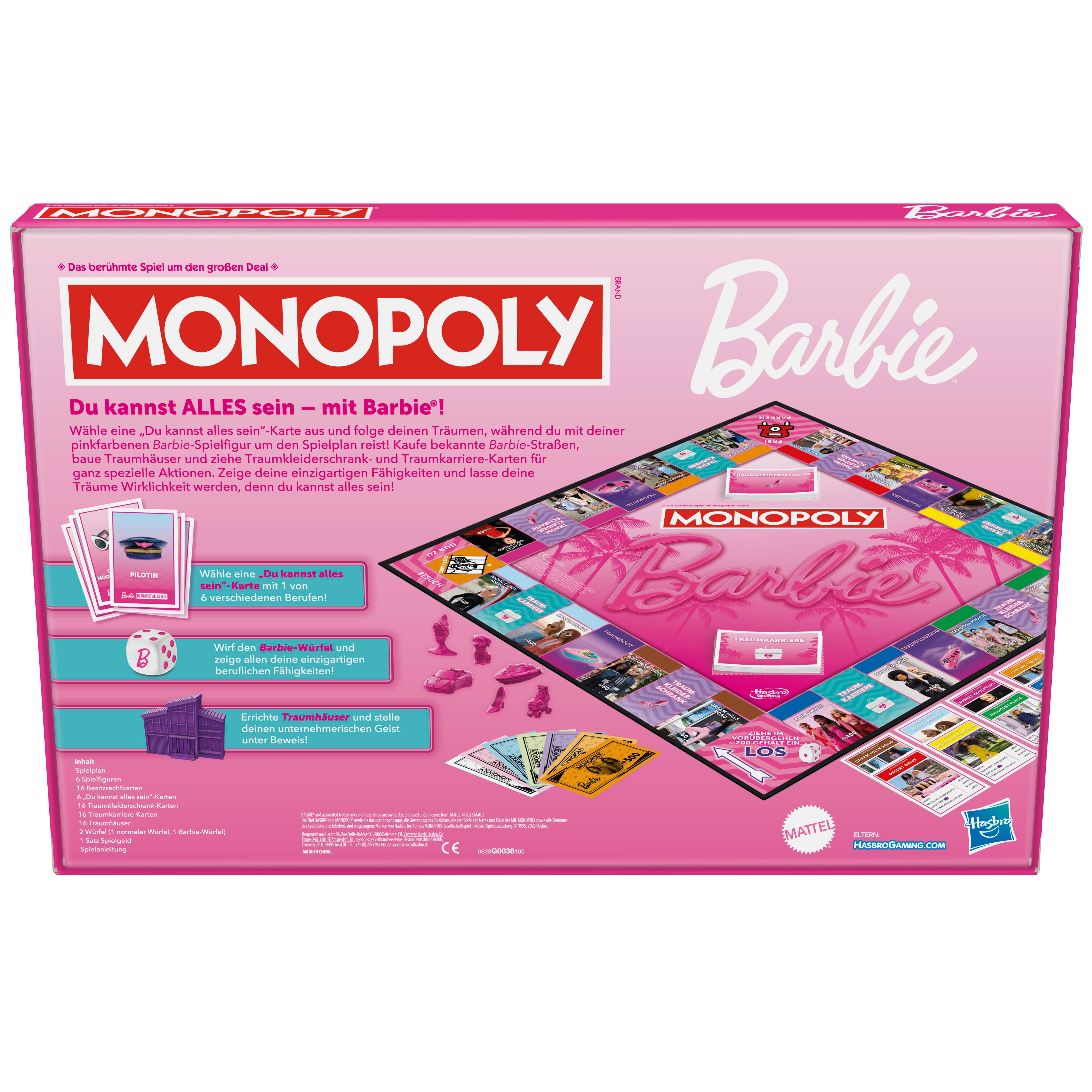 Monopoly Barbie-Brettspiel. Rosa Schachtel mit Spielbrett, Barbie-Logo und Spielsteinen sichtbar.