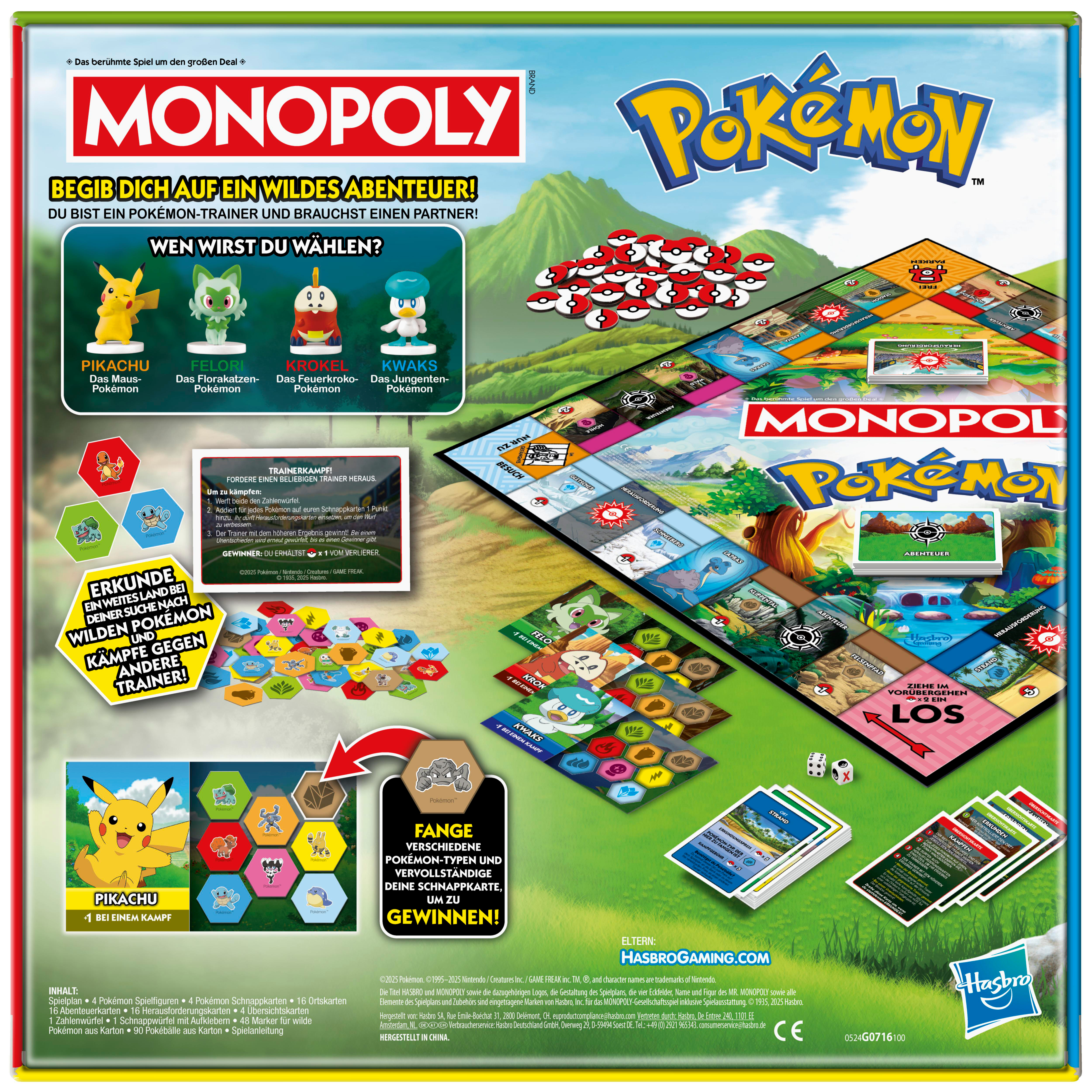 Monopoly Pokemon-Brettspiel. Enthält Spielfiguren, Karten, Würfel und Anweisungen. Buntes Design mit Pokemon-Figuren.