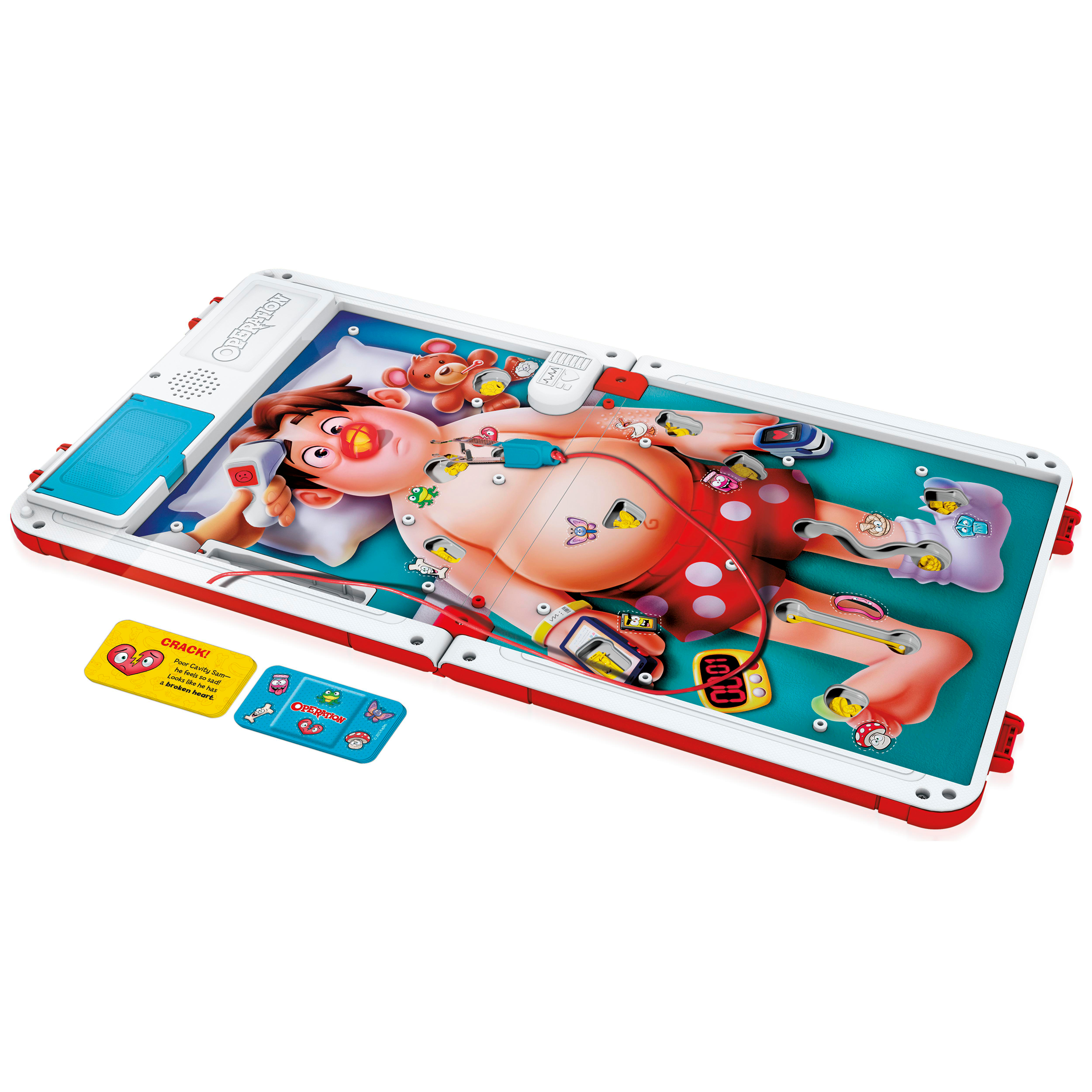 Ein Operation-Spielbrett mit Cavity Sam. Spieler entfernen Beschwerden mit einer Pinzette. Karten und Spielsteine sind vorhanden.