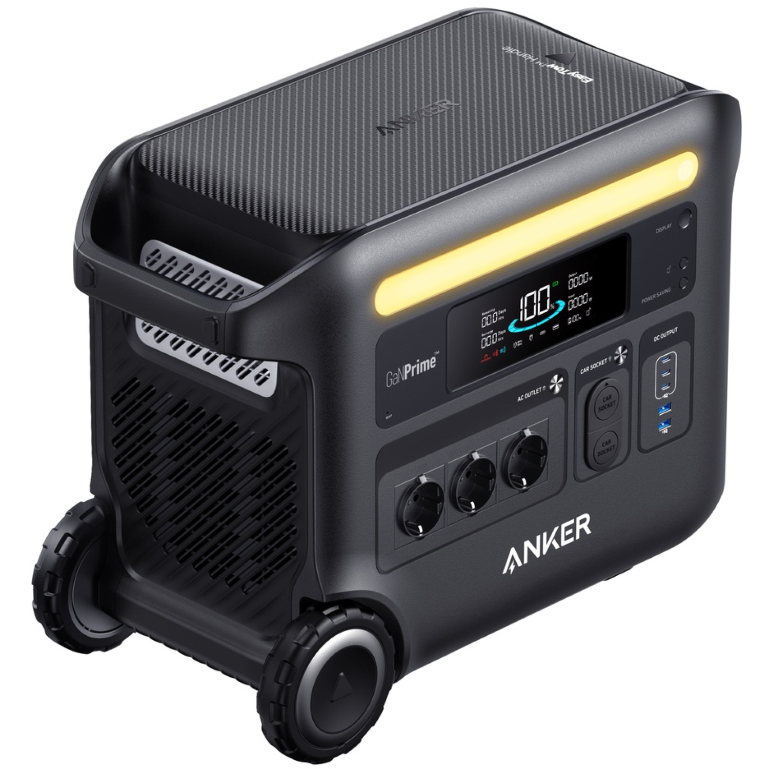 Une station d'alimentation Anker GaNPrime noire avec roues, poignée et écran. Comprend des prises CA, des prises de voiture et une sortie CC.