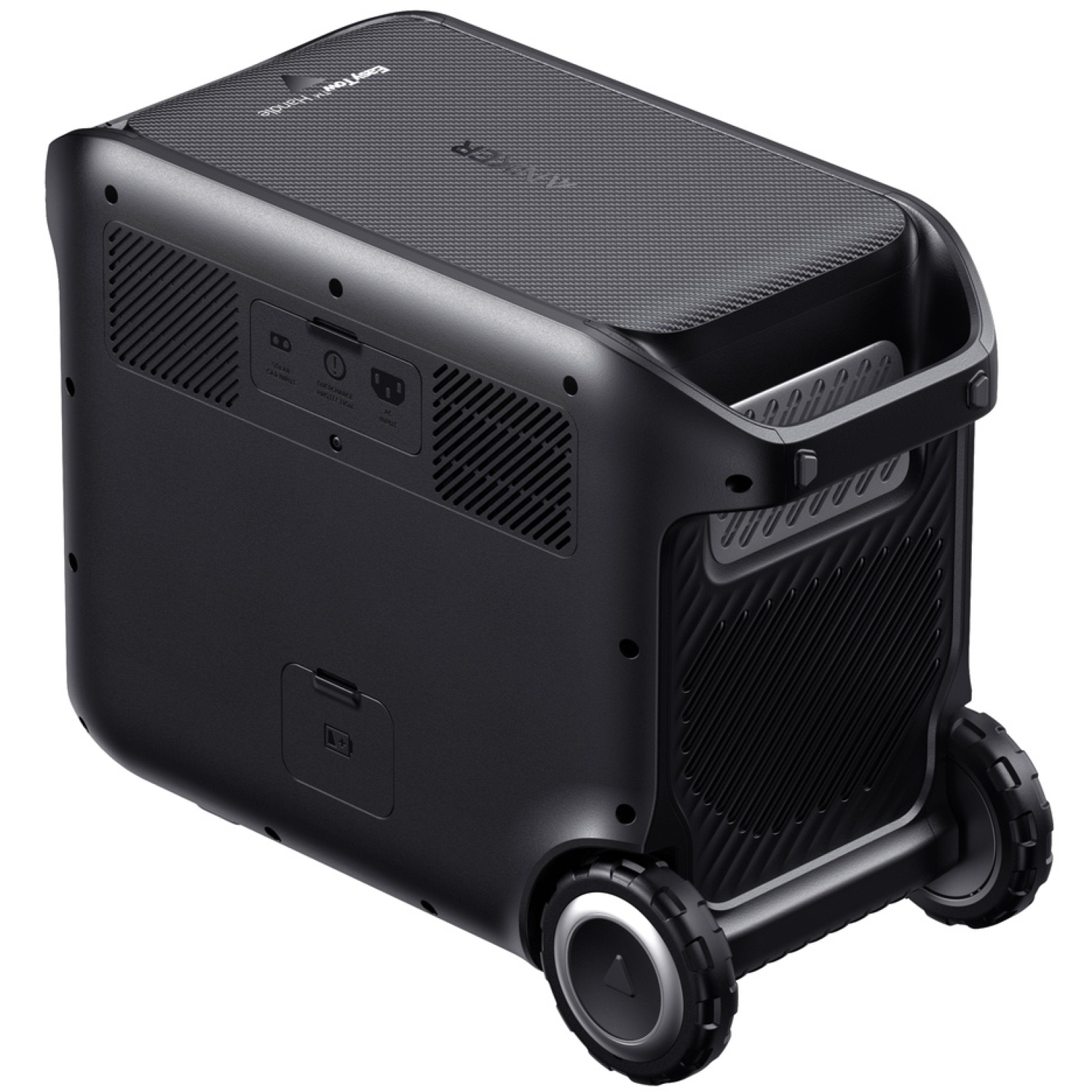 Centrale électrique portable noire avec roues et poignée. Elle a un dessus texturé, un côté avec des évents et plusieurs ports.