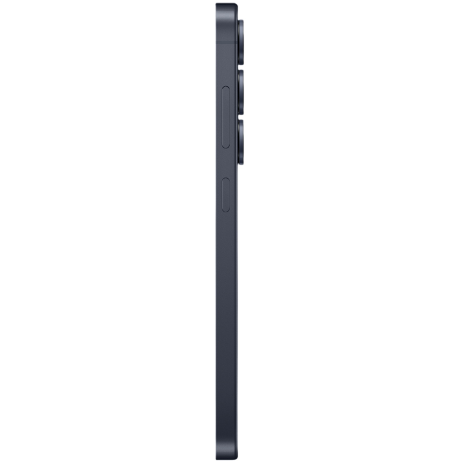 Side view of a dark blue smartphone. It has several camera lenses and buttons on the side. The background is white.