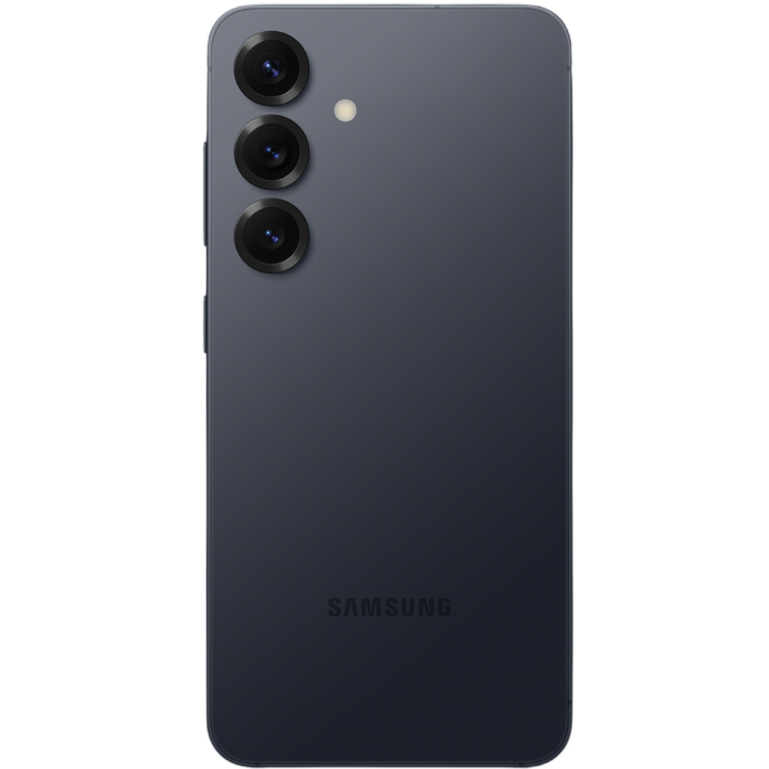 The back of a dark blue Samsung phone. It has three camera lenses stacked vertically, a flash, and the Samsung logo.