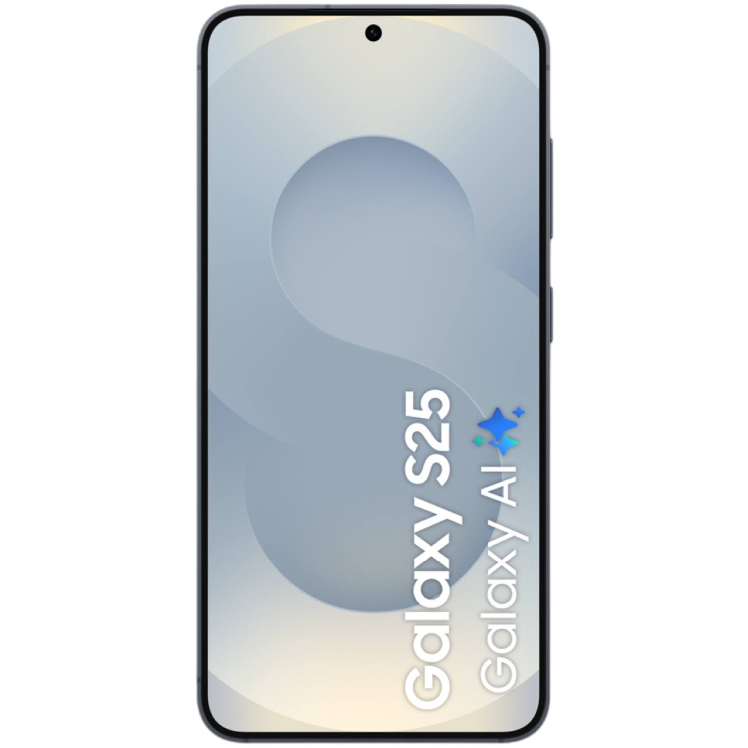 A smartphone with the words Galaxy S25 and Galaxy AI. The screen shows a light blue wave design.