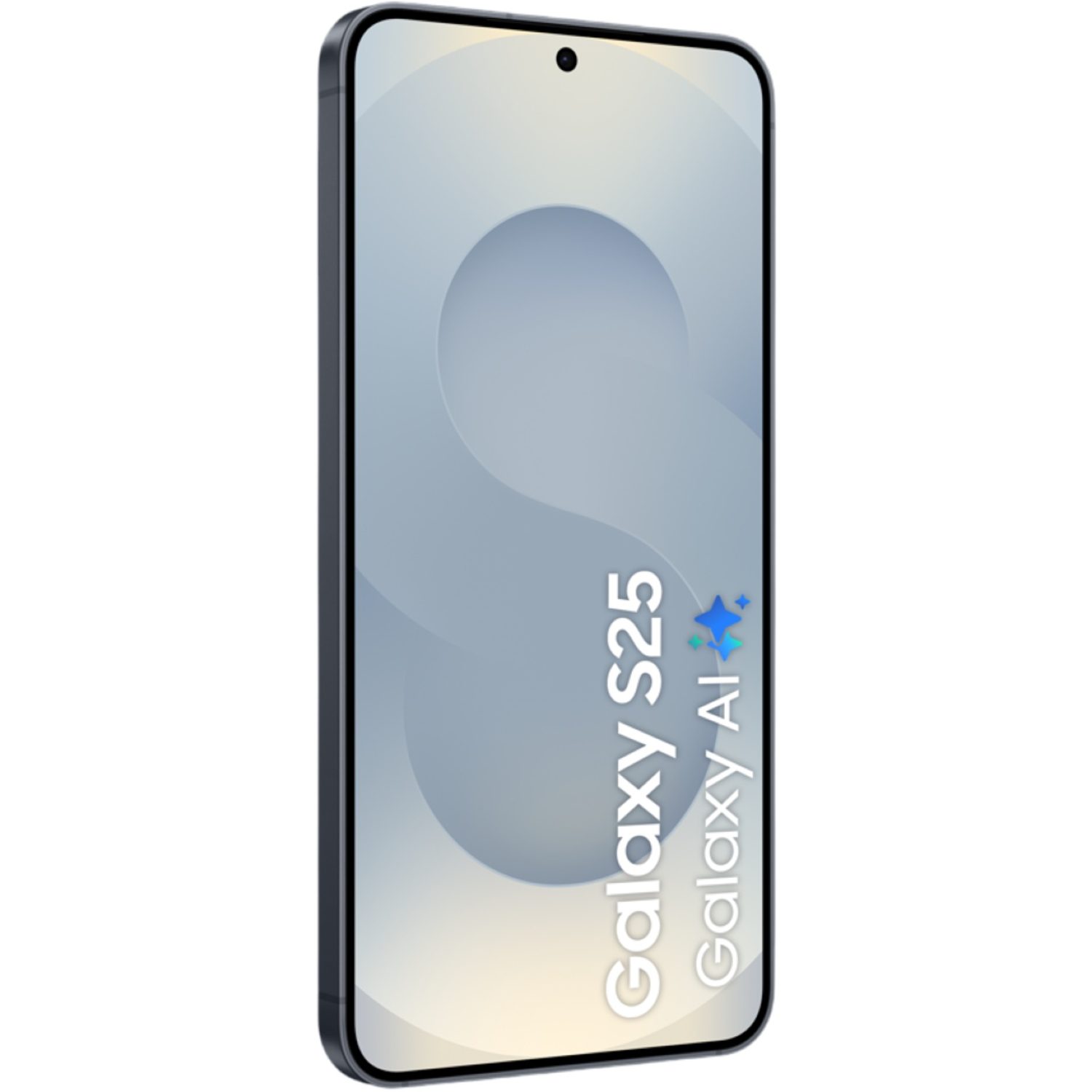 A smartphone with a curved screen displays a light blue gradient background. The phone has the text 'Galaxy S25 Galaxy AI'.
