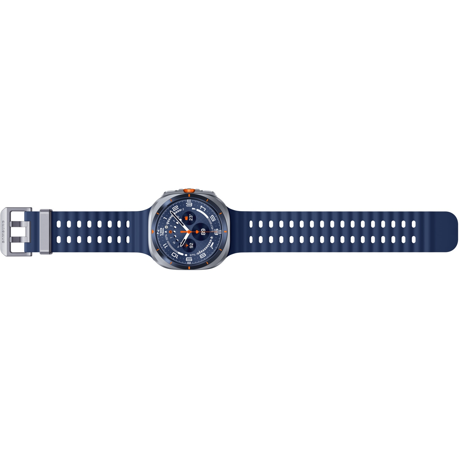 A blue smartwatch with a silver bezel and orange accents. The watch has a blue strap with holes. The background is white.