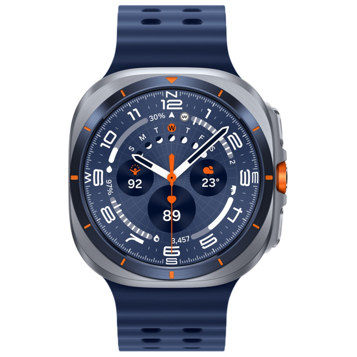 A blue smartwatch with a silver bezel and orange accents. The watch face displays numbers and data. A blue strap is attached.